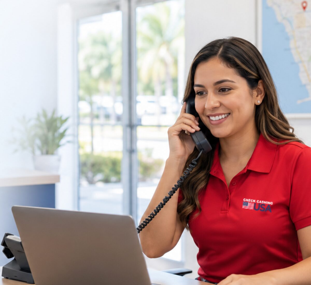 A Check Cashing USA associate taking a customer call at the front desk