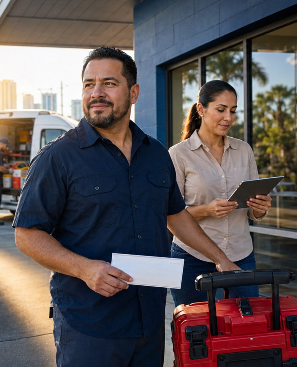 A business owner holding a corporate check outside a Check Cashing USA branch