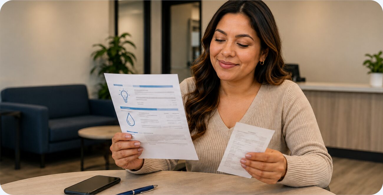 A customer reviewing a utility bill and a payment receipt