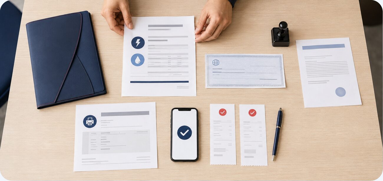 Bills, a money order and a notarized document laid out on a desk