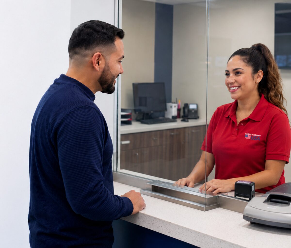 A Check Cashing USA associate helping a customer at the counter