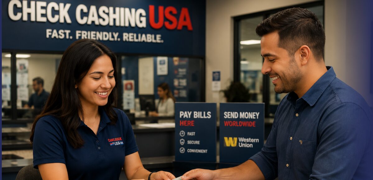 Check Cashing USA teller helping a customer